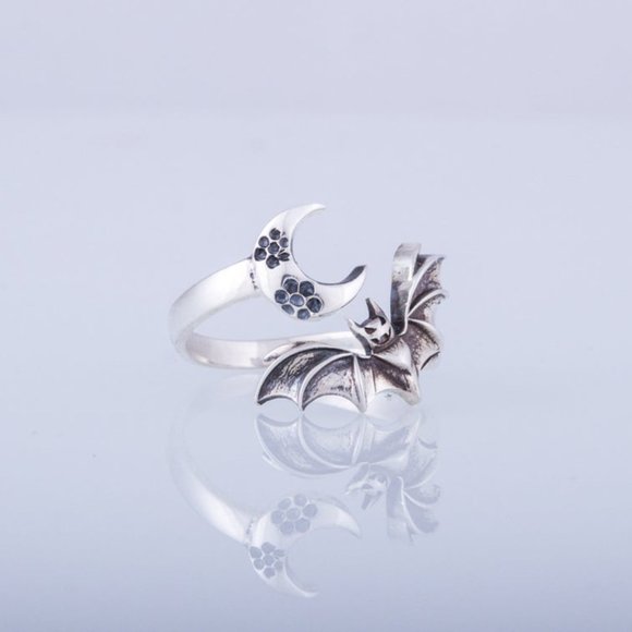 Bat & Crescent Moon Silver Adjustable Open Ring - Picture 7 of 8